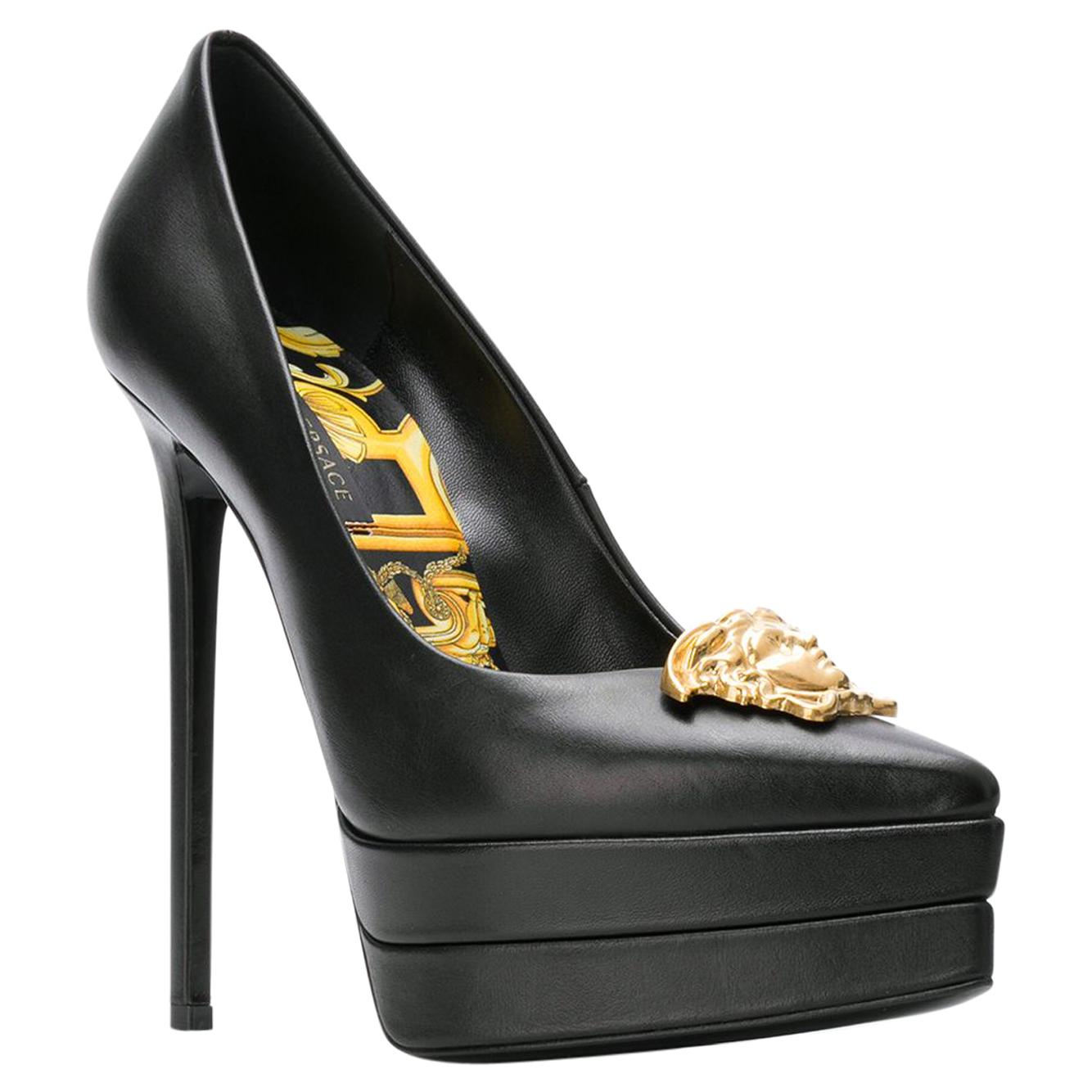 Versace FW18 Tribute Black Leather Barocco Lined Medusa Platform Pump Size 41