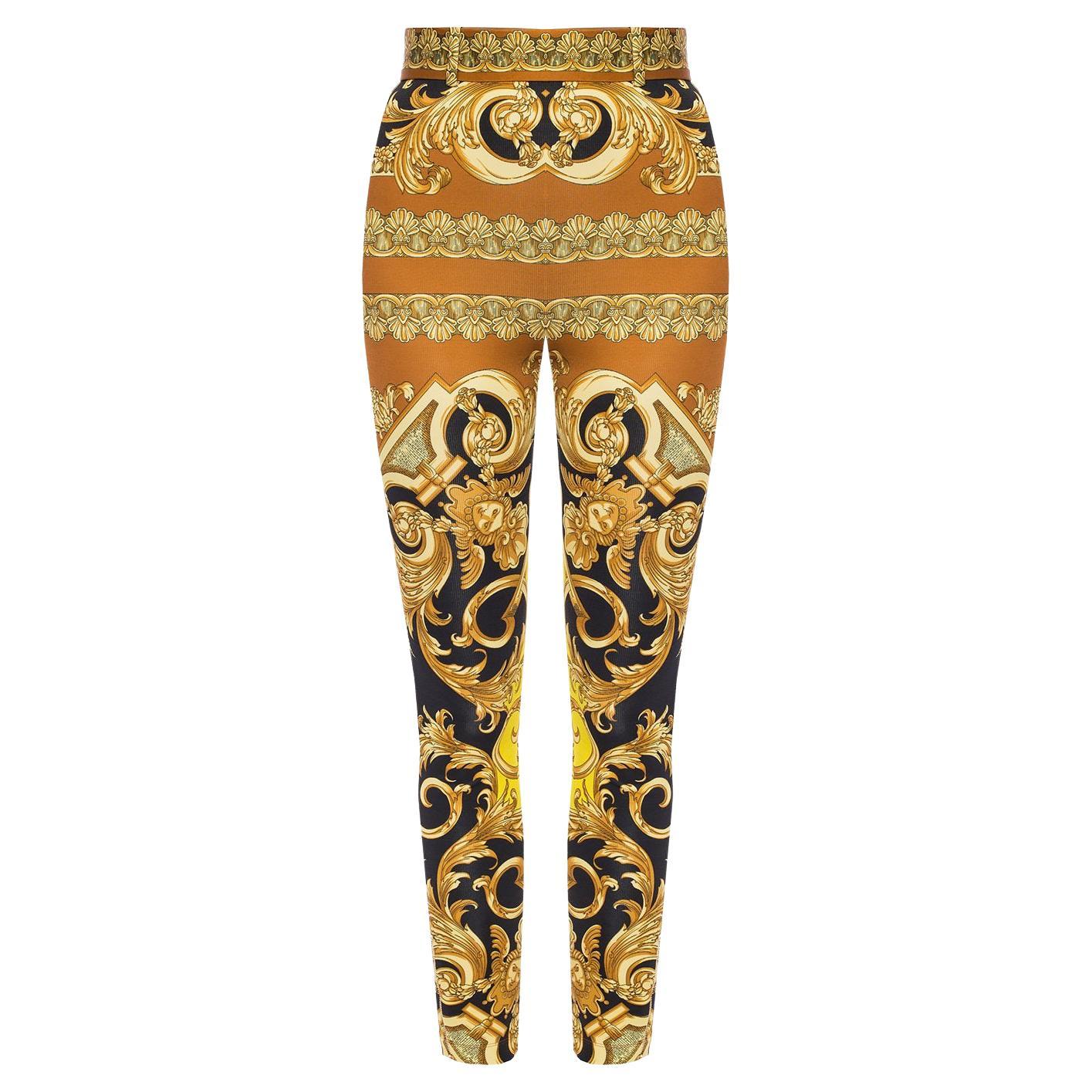 Versace FW19 Barocco Femme Print Formal Knit Leggings Size 38 For Sale