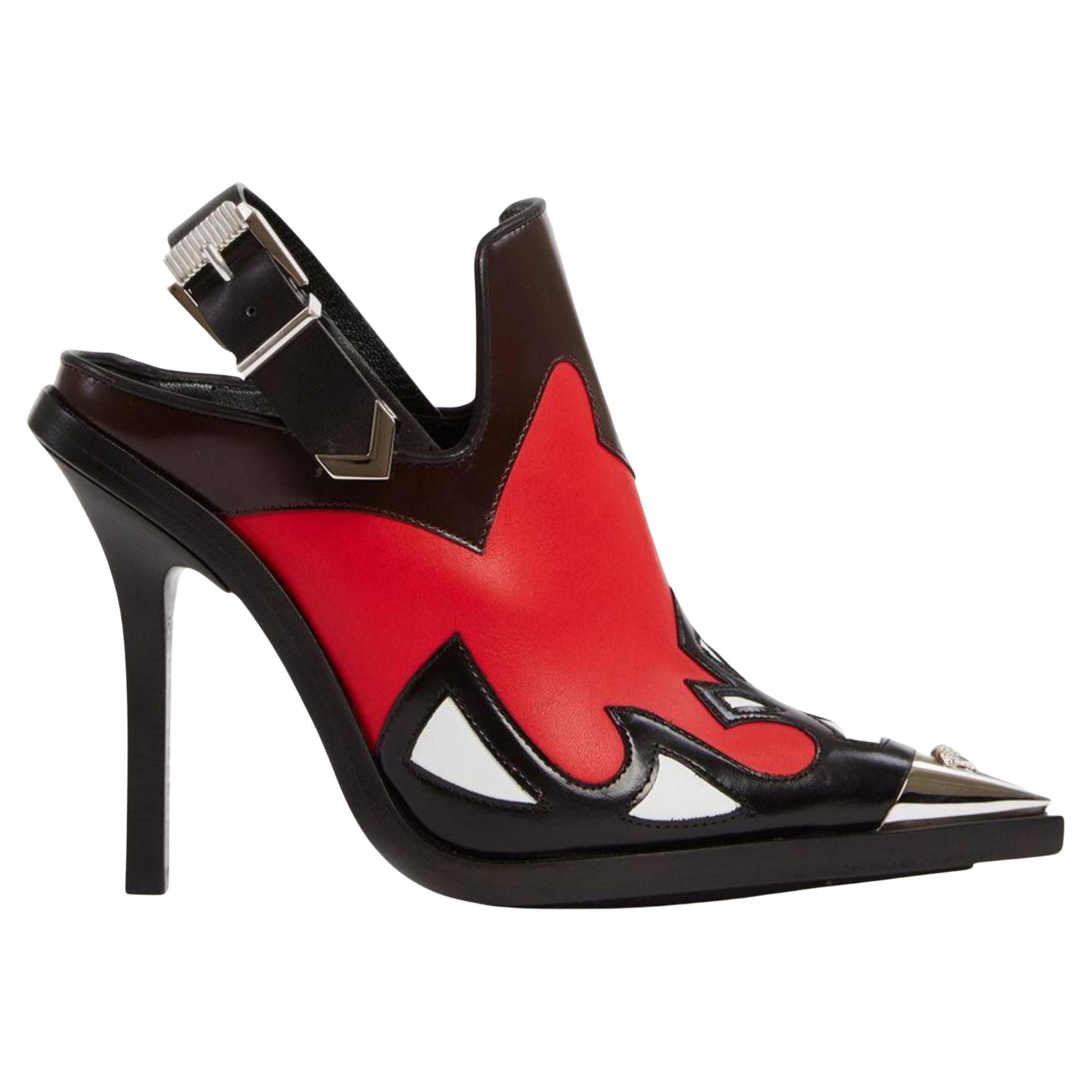 Versace FW19 Runway Black & Red Leather V-western Slingback Boot / Pump Size 38 For Sale