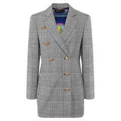 Versace FW19 Runway Grey Wool Hounds Tooth Check Blazer w/ Gold Buttons Size 36