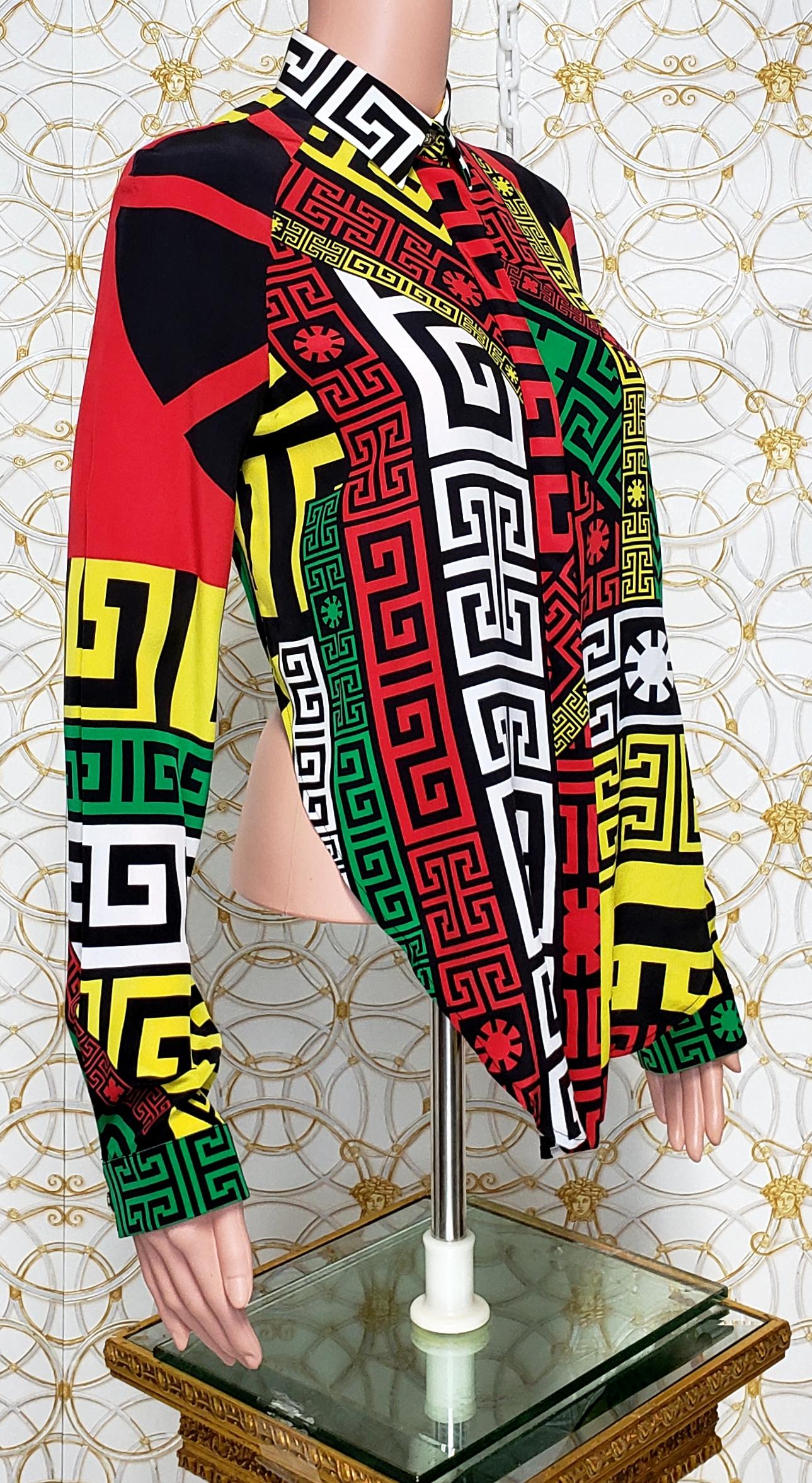Women's VERSACE geometric multi color greek pattern shirt For Sale