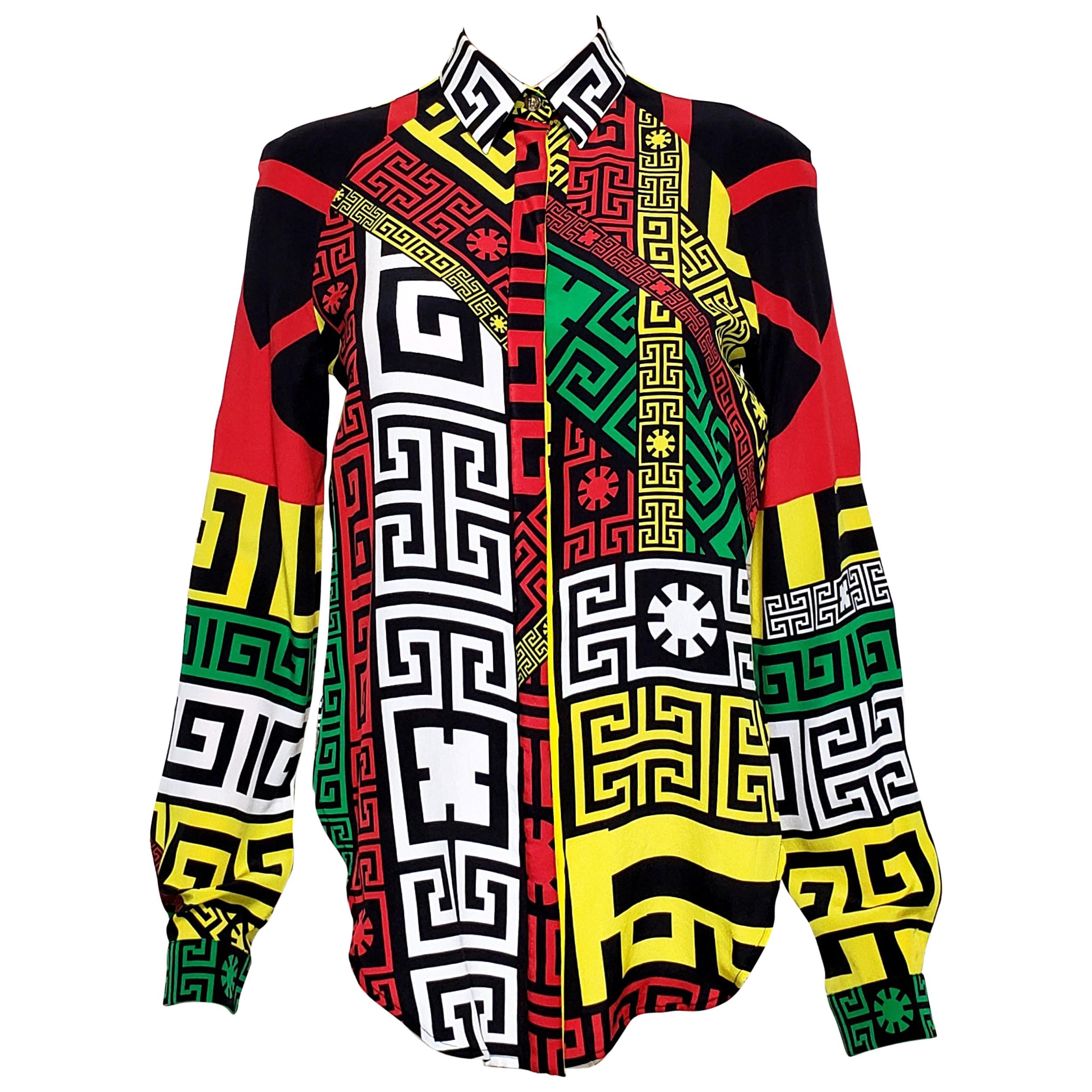 VERSACE geometric multi color greek pattern shirt For Sale