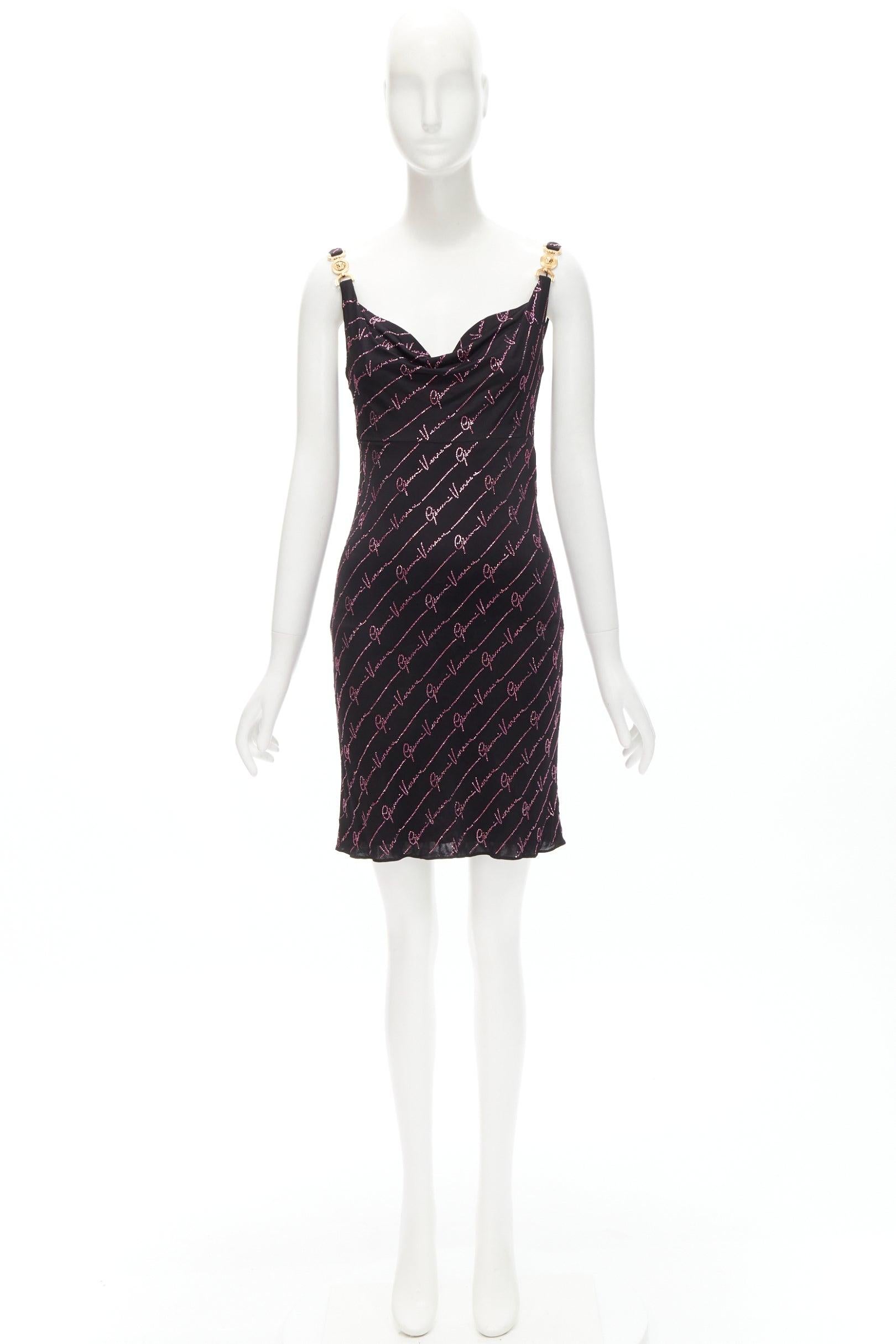 VERSACE Gianni Signature black pink crystal Medusa mini dress IT38 XS For Sale 5