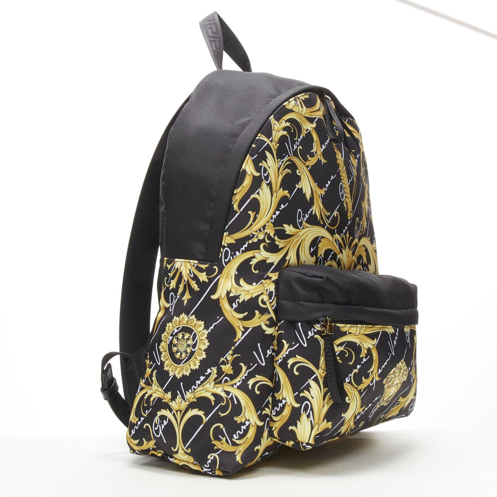 VERSACE Gianni Signature gold Barocco Virtus Medusa print nylon backpack bag
Reference: TGAS/C00567
Brand: Versace
Designer: Donatella Versace
Model: 1002886 1A02182 5800V
Collection: Signature Barocco
Material: Nylon
Color: Black, Gold
Pattern:
