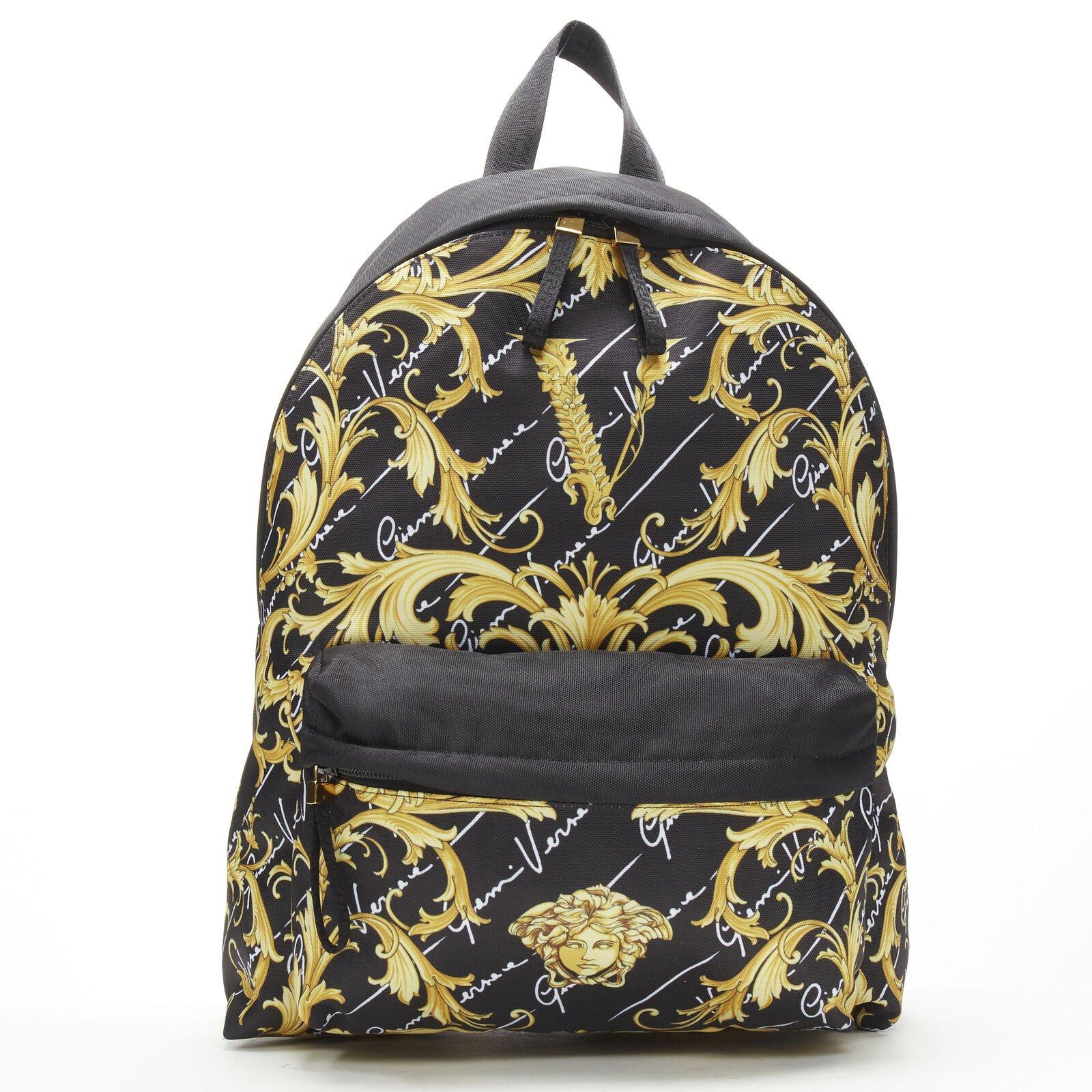 Black VERSACE Gianni Signature gold Barocco Virtus Medusa print nylon backpack bag For Sale