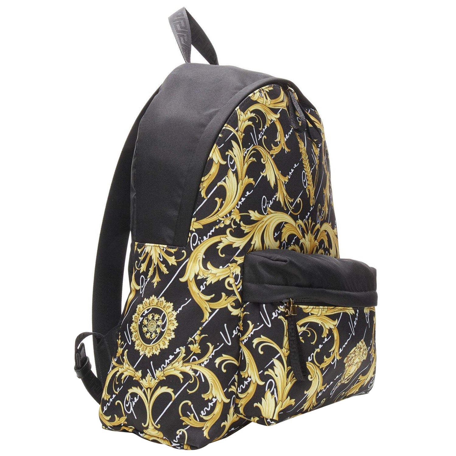 VERSACE Gianni Signature gold Barocco Virtus Medusa print nylon backpack bag For Sale