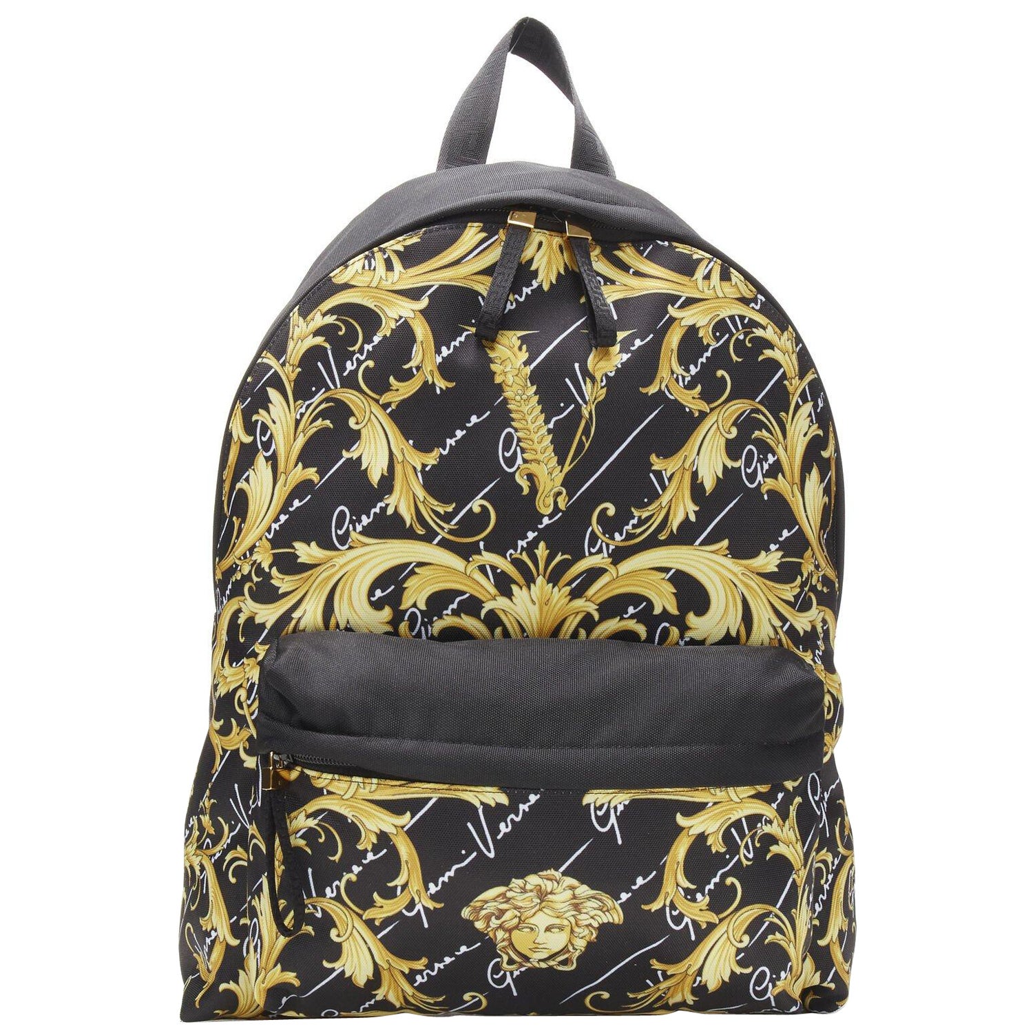 VERSACE Gianni Signature gold Barocco Virtus Medusa print nylon backpack bag en vente