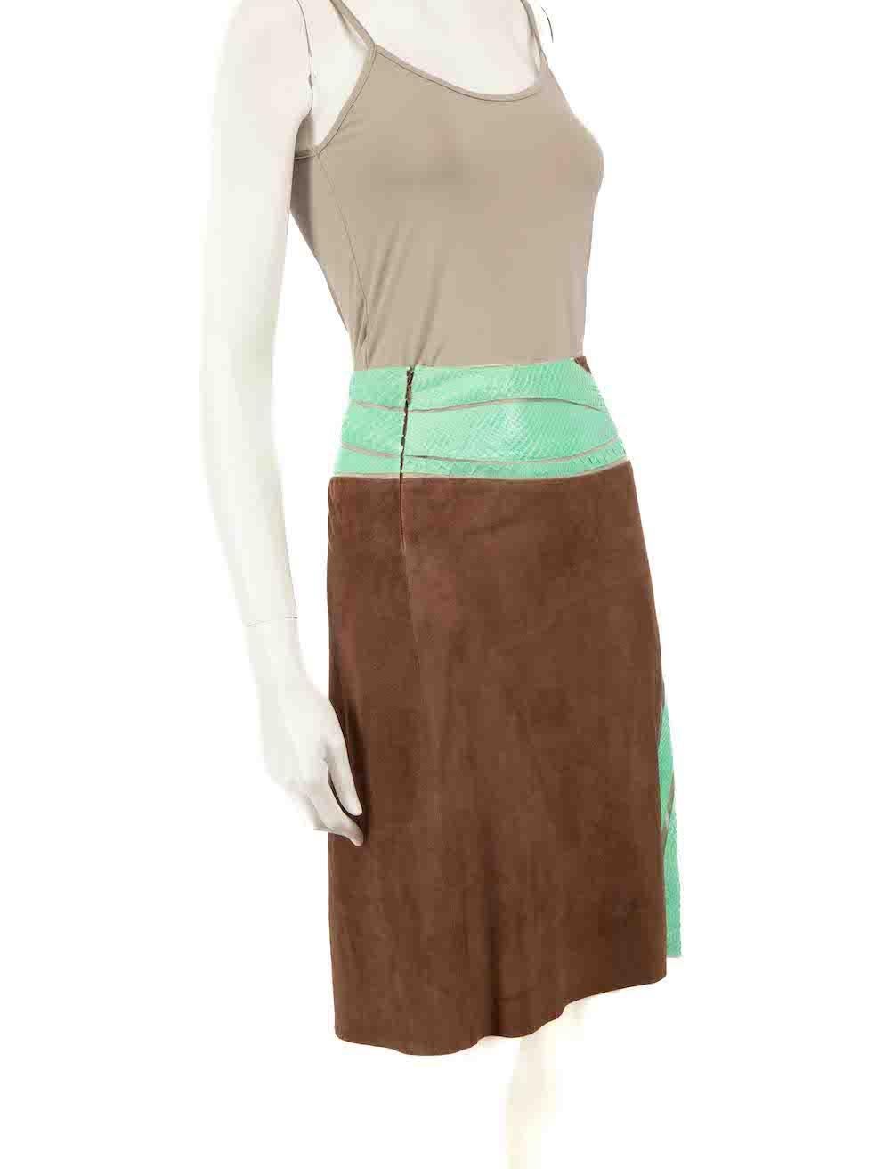 CONDITION is Very good. Hardly any visible wear to skirt is evident on this used Gianni Versace designer resale item.
 
 
 
 Details
 
 
 Vintage
 
 Brown and green
 
 Suede and python leather
 
 Knee length skirt
 
 Contrast panelled
 
 Back zip