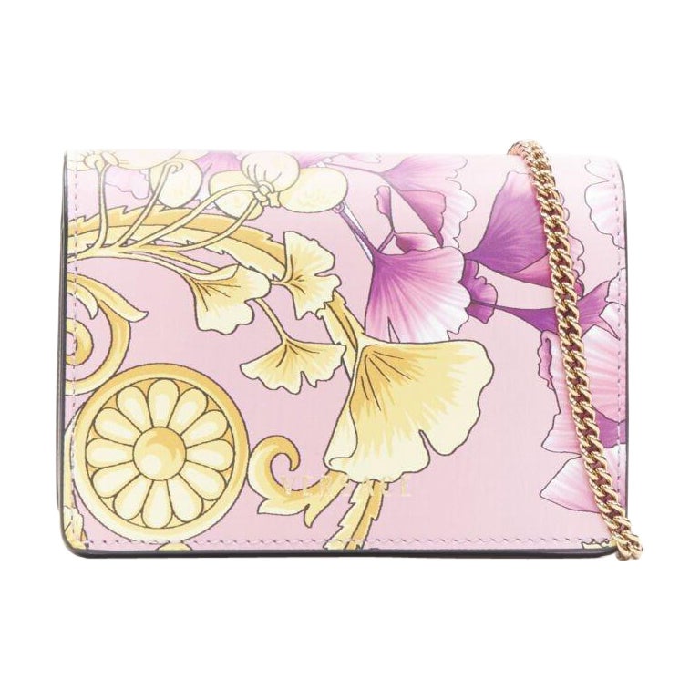 VERSACE Gingko Barocco pink gold floral leather wallet crossbody micro bag