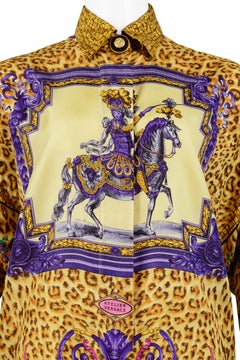 Versace Gold Baroque & Leopard Print Silk Blouse With Equestrian Rider