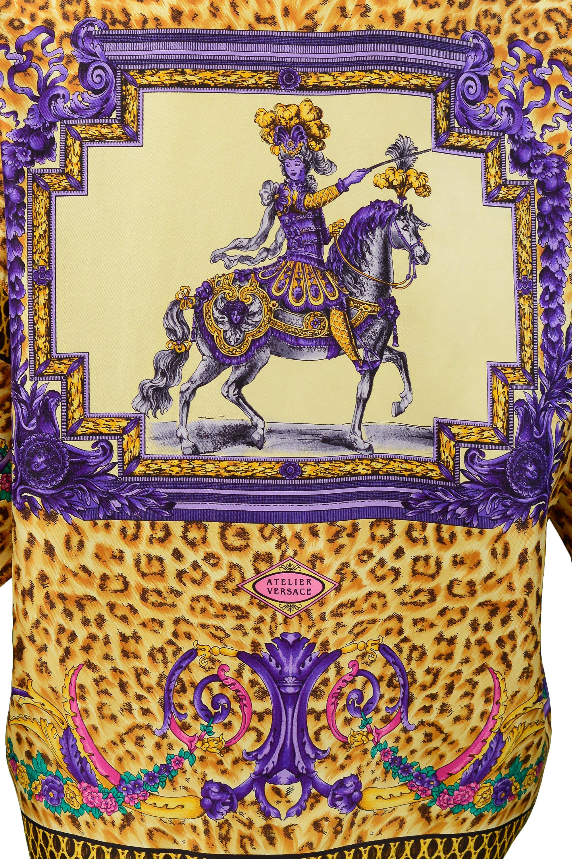 Brown Versace Gold Baroque & Leopard Print Silk Blouse With Equestrian Rider  For Sale