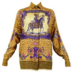 Used Versace Gold Baroque & Leopard Print Silk Blouse With Equestrian Rider 