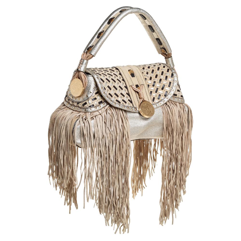 Brown Versace Gold/Black Woven Leather Medusa Fringe Shoulder Bag