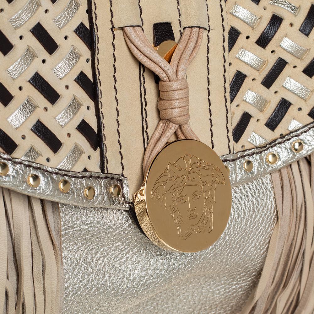 Versace Gold/Black Woven Leather Medusa Fringe Shoulder Bag 1