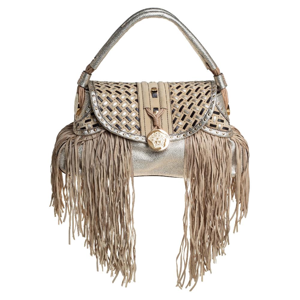 Versace Gold/Black Woven Leather Medusa Fringe Shoulder Bag