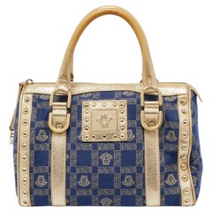 Versace Gold/Blue Monogram Fabric and Leather Studded Snap Out Of It Satchel