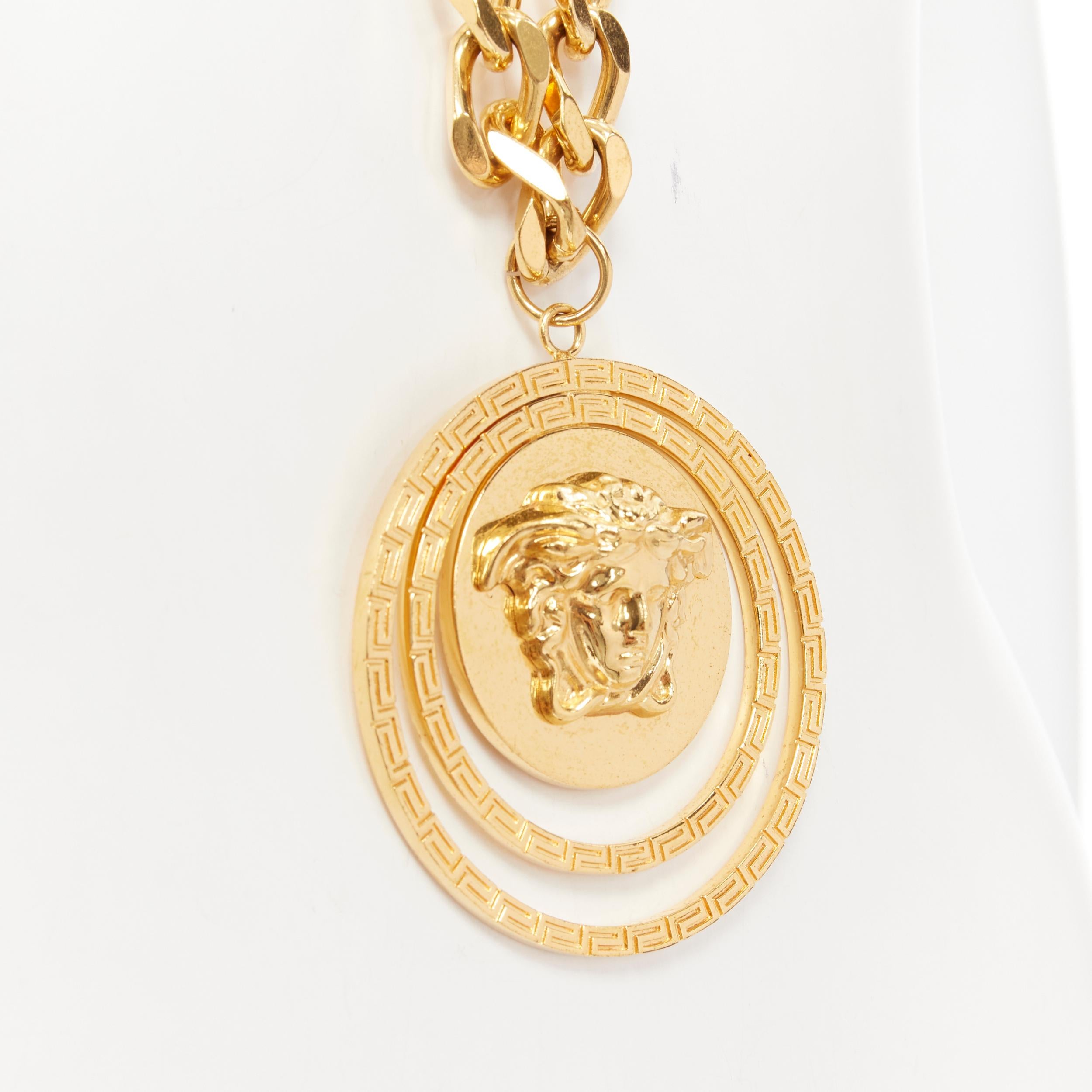 Gray VERSACE gold brass triple Greca halo Medusa coin pendant chunky chain necklace