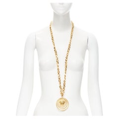 Used VERSACE gold brass triple Greca halo Medusa coin pendant chunky chain necklace
