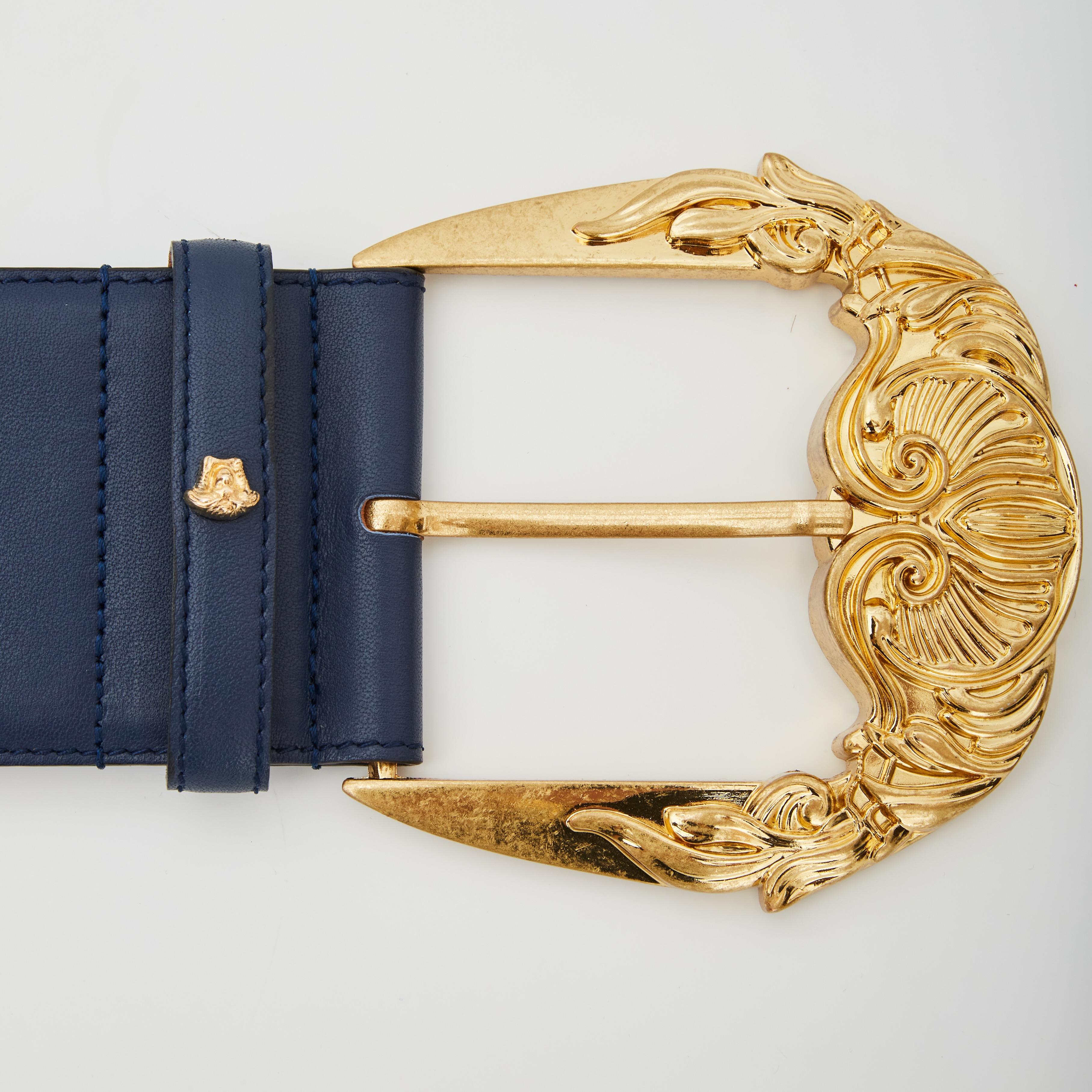 Black Versace Gold Buckle Navy Leather Baroque Runway Wide Belt (Size 85/34)