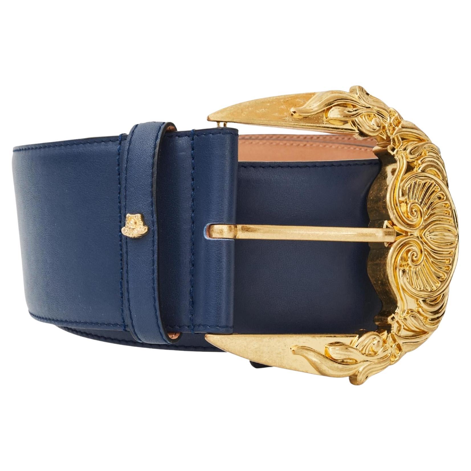 Versace Gold Buckle Navy Leather Baroque Runway Wide Belt (Size 85/34)