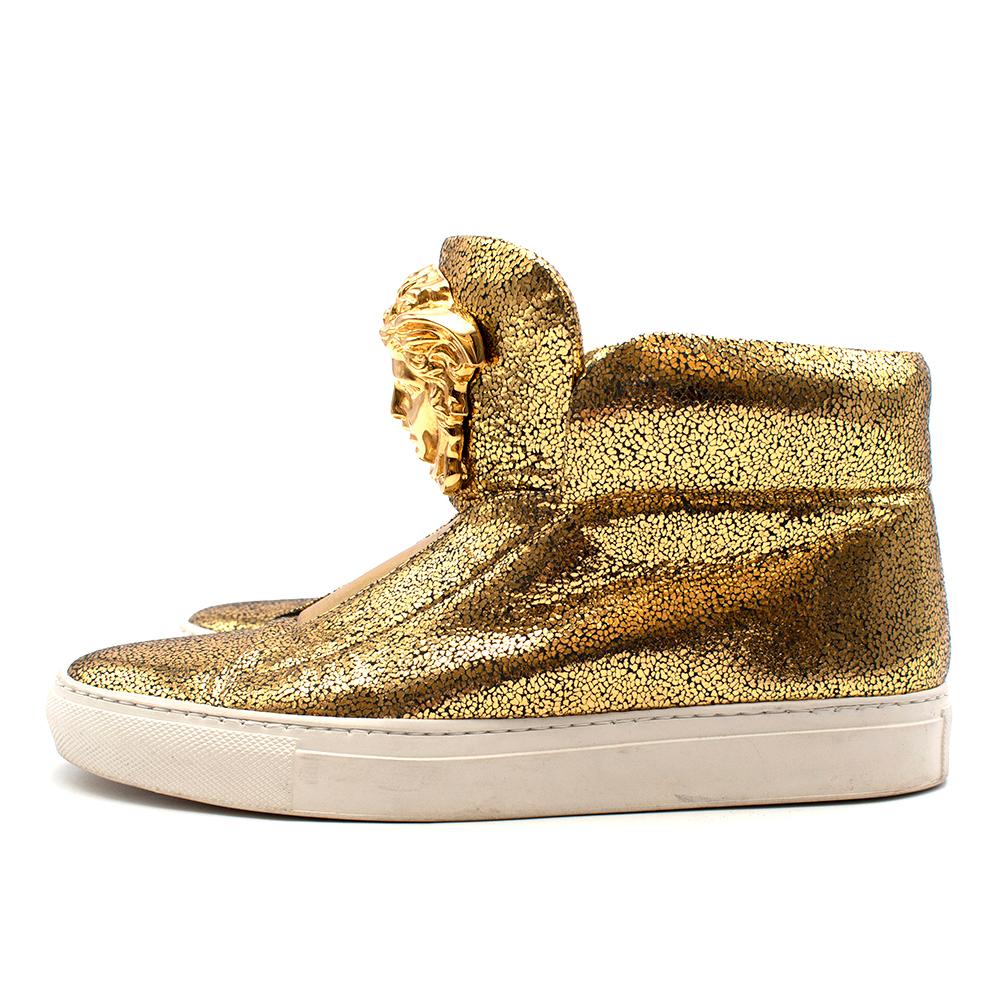 Versace Gold Crackle Leather Medusa High Top Sneakers 38 For Sale at ...