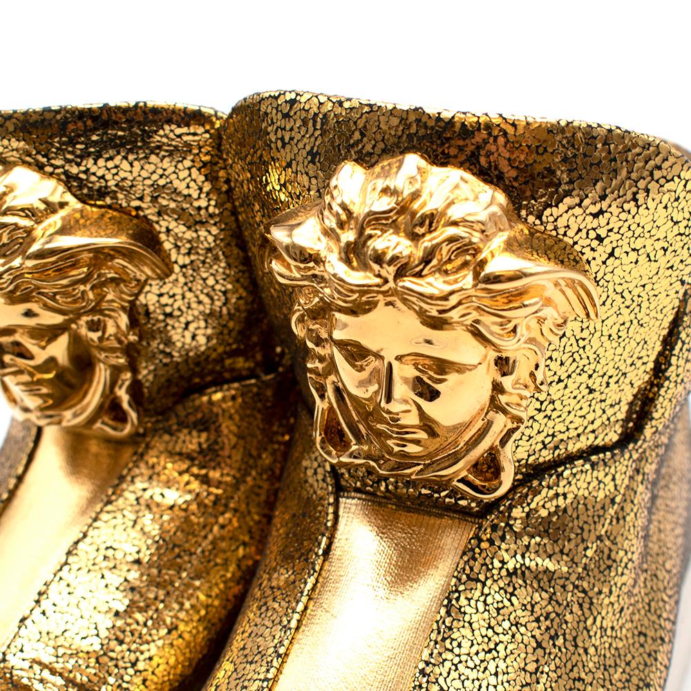 Versace Gold Crackle Leather Medusa High Top Sneakers 38 In Excellent Condition For Sale In London, GB