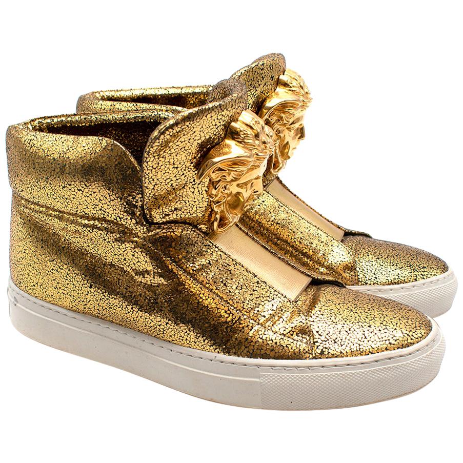Versace Gold Crackle Leather Medusa High Top Sneakers 38 For Sale