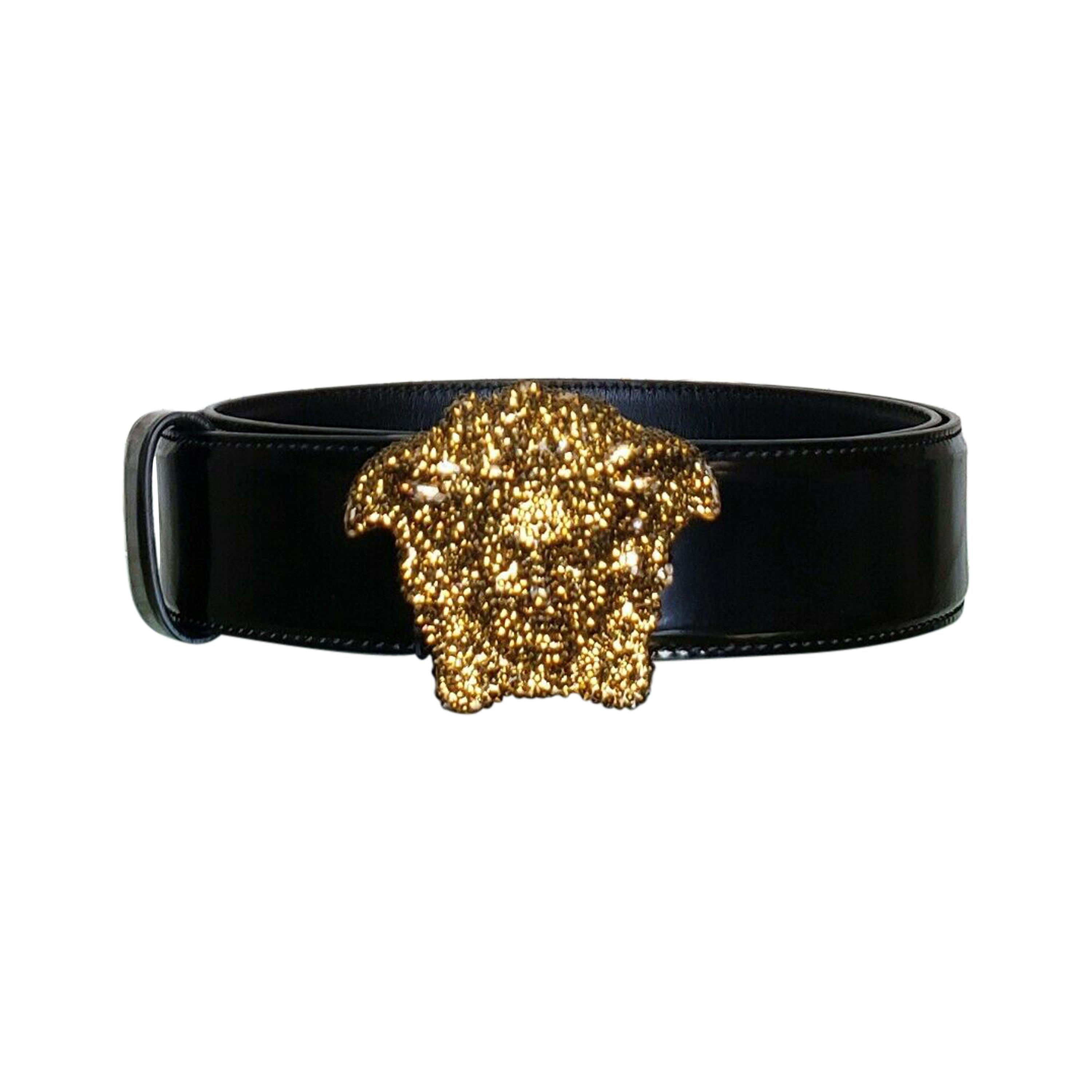 new VERSACE crystal strass embellished Medusa gold buckle black belt 85cm  34 For Sale at 1stDibs