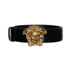 VERSACE Gold CRYSTAL EMBELLISHED 3D MEDUSA BLACK PAT. LEATHER BELT 75/30