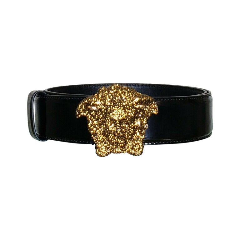 VERSACE Gold CRYSTAL EMBELLISHED 3D MEDUSA BLACK LEATHER BELT 75/30
