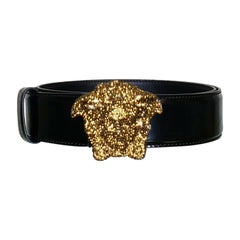 VERSACE Patte MEDUSA NOIRE 3D ornée D'un CRYSTAL Or. COLLIER EN CUIR 80/32