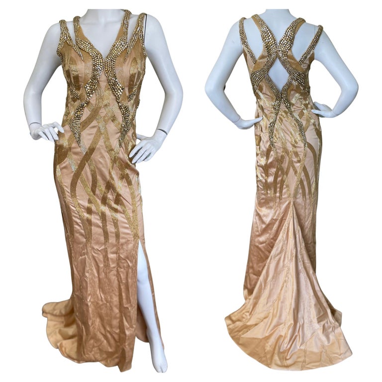 Versace Gold Crystal Embellished Evening Gown New with Tags For Sale at ...