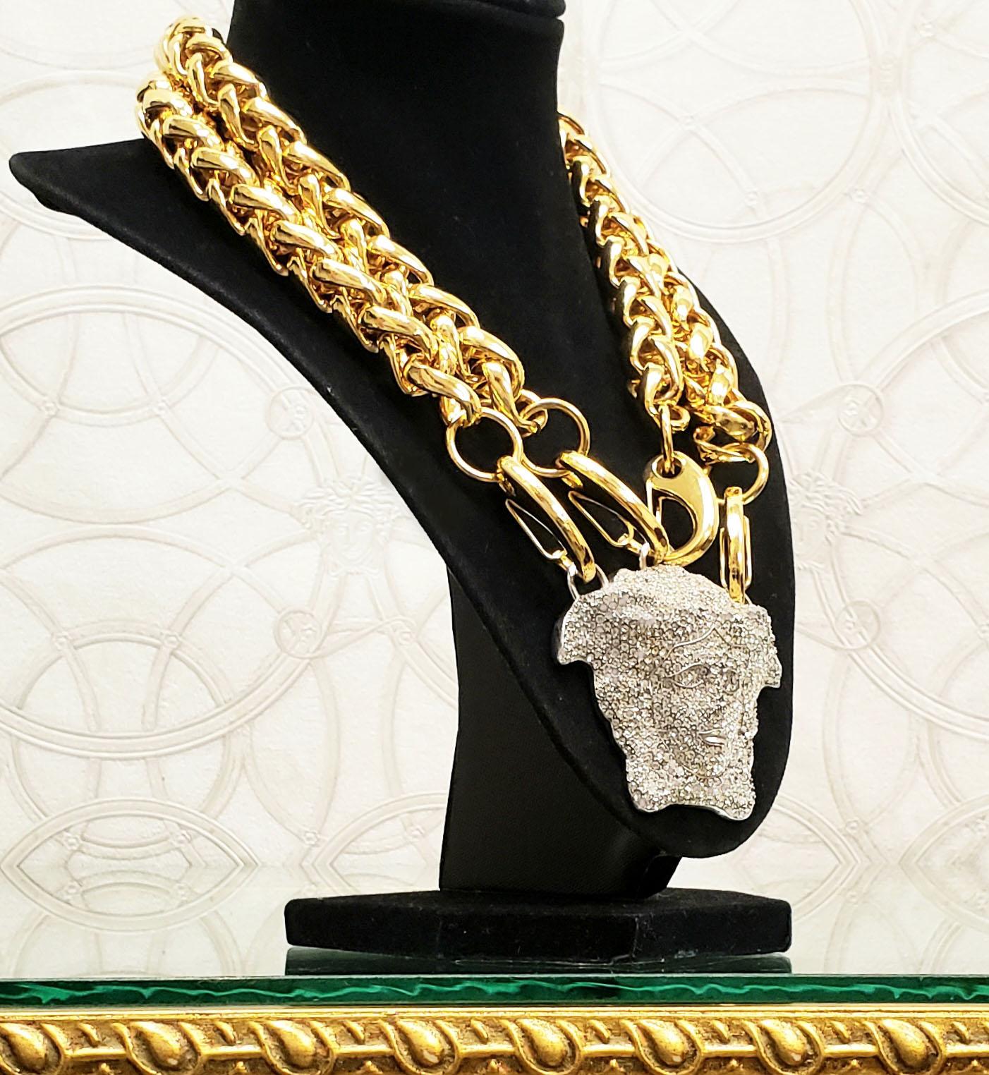 Women's or Men's VERSACE GOLD DOUBLE CHAIN NECKLACE w/ CRYSTAL EMBELLISHED MEDUSA 