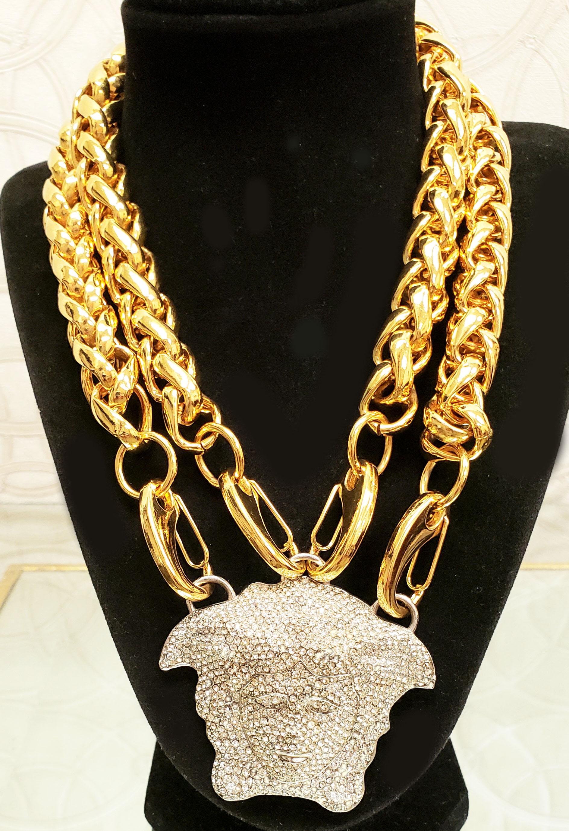 VERSACE GOLD DOUBLE CHAIN NECKLACE w/ CRYSTAL EMBELLISHED MEDUSA  1