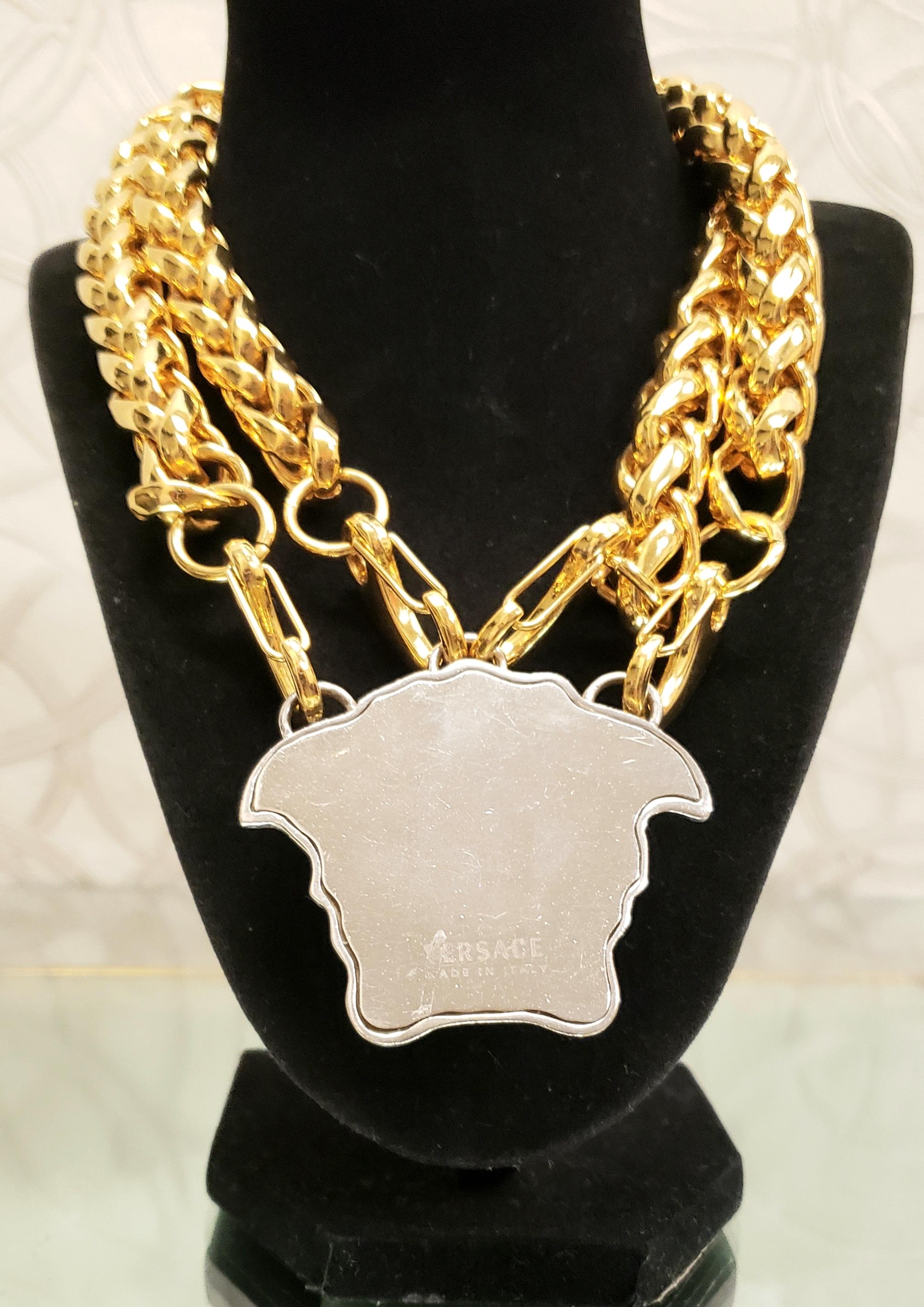 VERSACE GOLD DOUBLE CHAIN NECKLACE w/ CRYSTAL EMBELLISHED MEDUSA  2