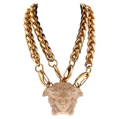 VERSACE GOLD DOUBLE CHAIN NECKLACE w/ CRYSTAL EMBELLISHED MEDUSA 