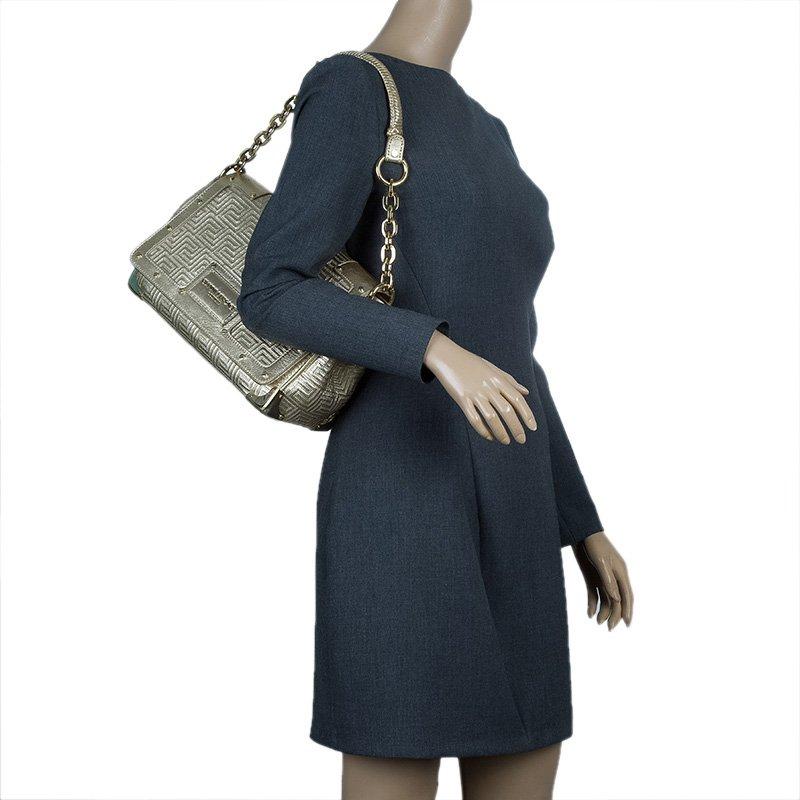 Versace Gold Embossed Leather Flap Shoulder Bag In Good Condition In Dubai, Al Qouz 2