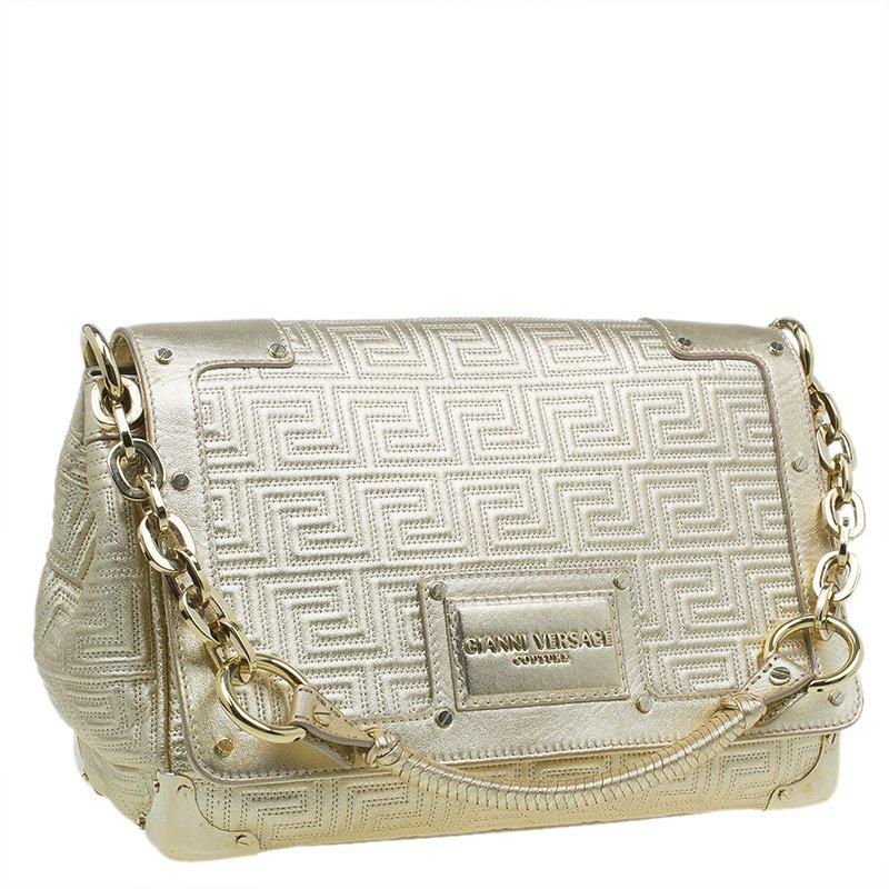 Versace Gold Embossed Leather Flap Shoulder Bag In Good Condition In Dubai, Al Qouz 2