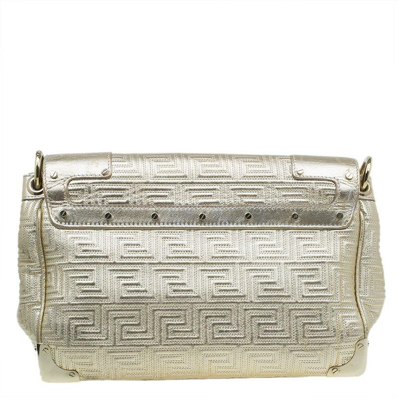 Women's Versace Gold Embossed Leather Flap Shoulder Bag