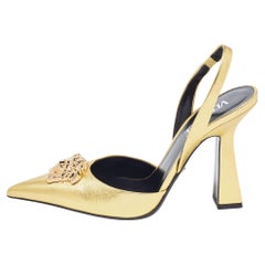 Versace Gold Foil Leather Medusa Pointed Toe Slingback Pumps Size 38