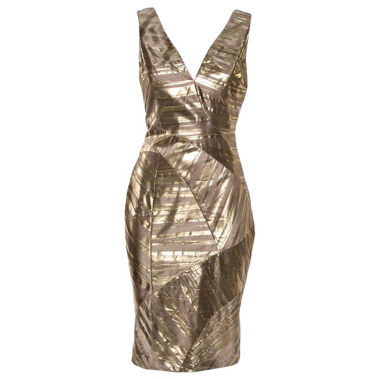 Versace Gold Foil Print Silk Sleeveless Sheath Dress M For Sale at 1stDibs