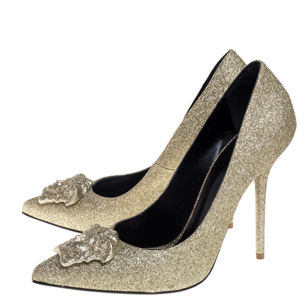 Versace Gold Glitter Fabric Medusa Pointed Toe Pumps Size 40 1