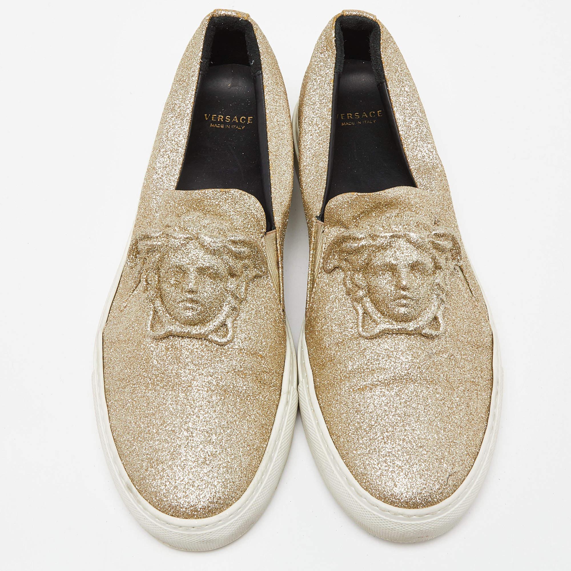 Versace Gold Glitter Palazzo Medusa Slip On Sneakers Size 41 For Sale 1
