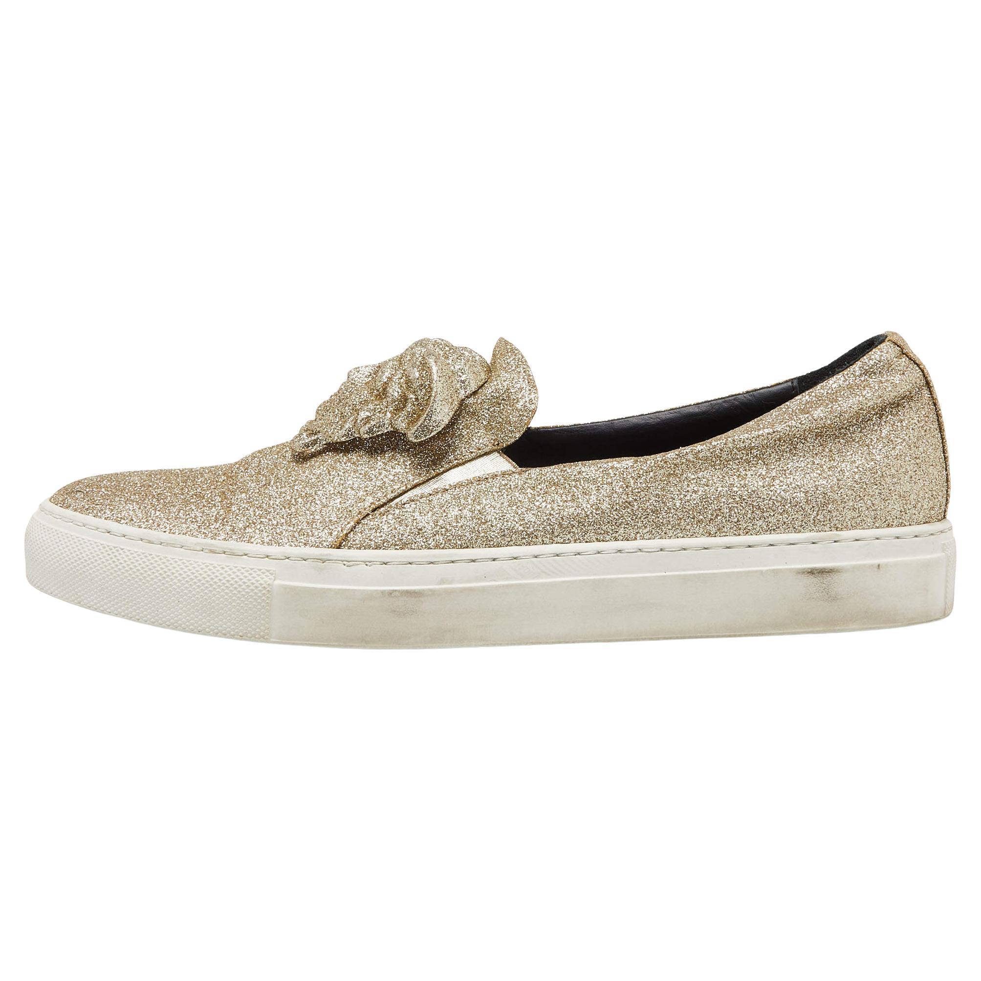 Versace Gold Glitter Palazzo Medusa Slip On Sneakers Size 41 For Sale