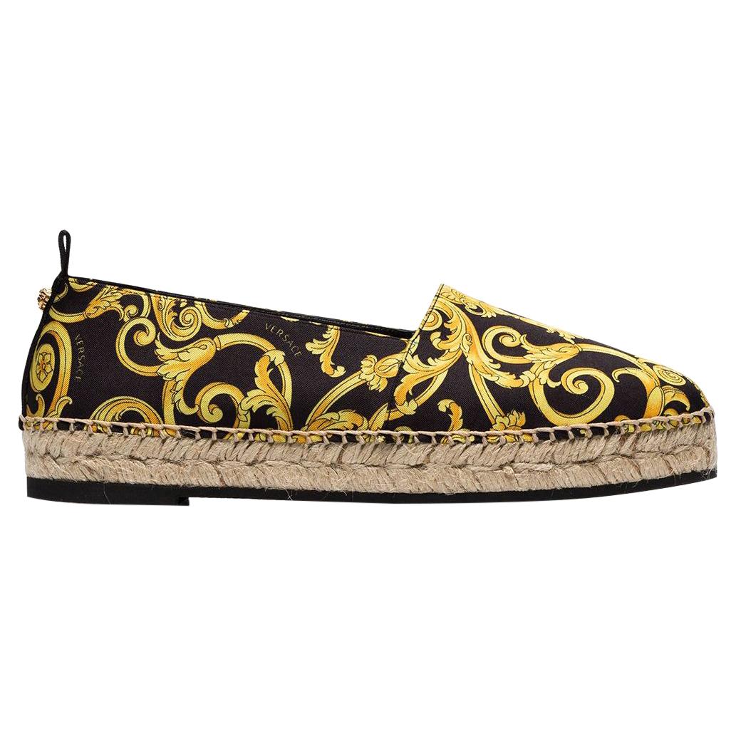 Versace Gold Hibiscus Barocco Espadrille Shoes w/ Braided Raffia Detail SZ 38.5