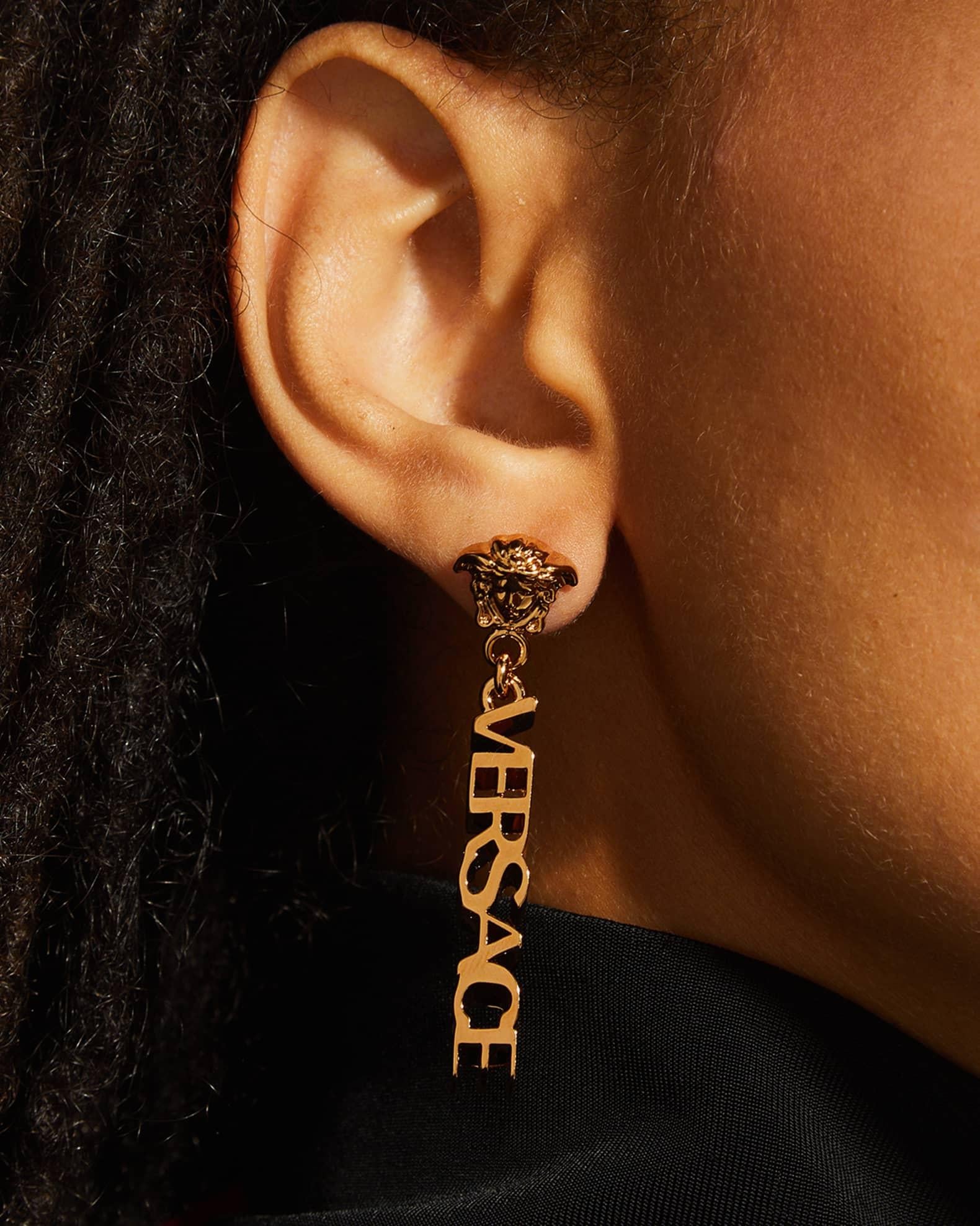Versace Gold La Medusa Logo Drop Earrings In Excellent Condition For Sale In Montreal, Quebec
