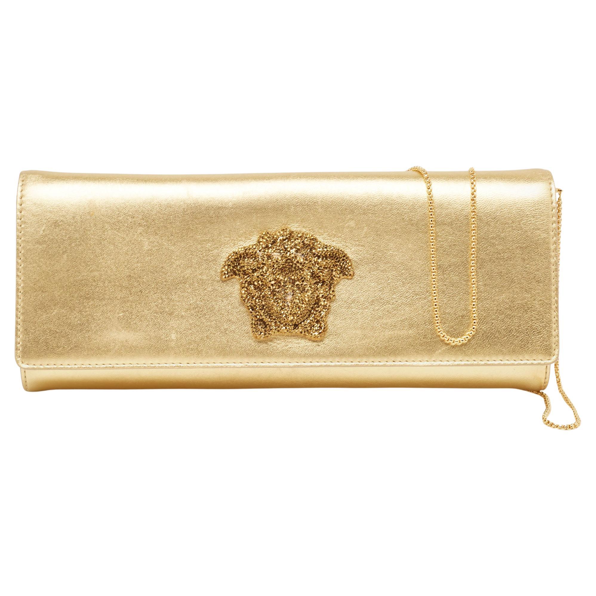Versace Gold Leather Medusa Icon Crystals Chain Clutch For Sale