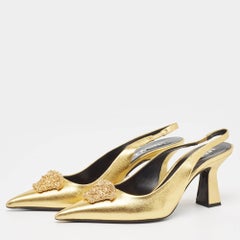 Versace Gold Leather Medusa Slingback Pumps Size 38