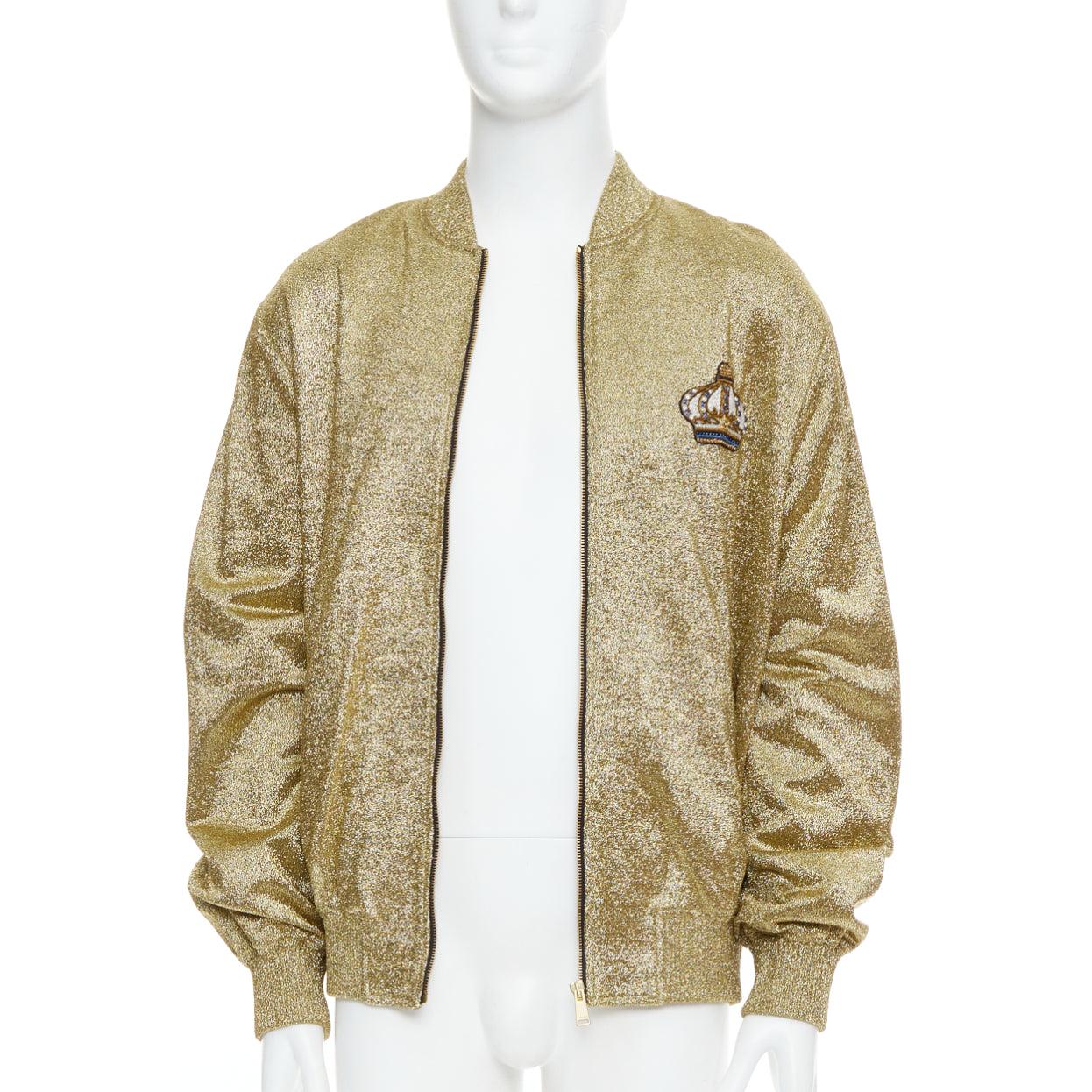 Brown VERSACE gold medusa blue crystal crown metallic lurex bomber jacket For Sale