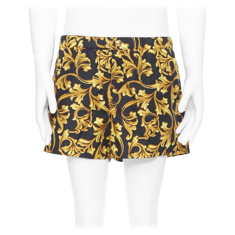 VERSACE gold Medusa button black floral barocco summer swim shorts